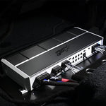 Top angle view of Stinger 5 channel power sports audio amplifier with heavy duty mounting feet.