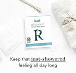 Two boxes of Rael organic cotton cleansing cloths for travel hygiene
