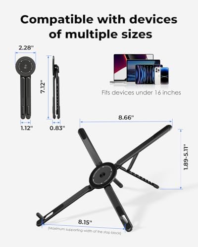 Viozon adjustable laptop stand with smartphone mounted on the magnetic holder side