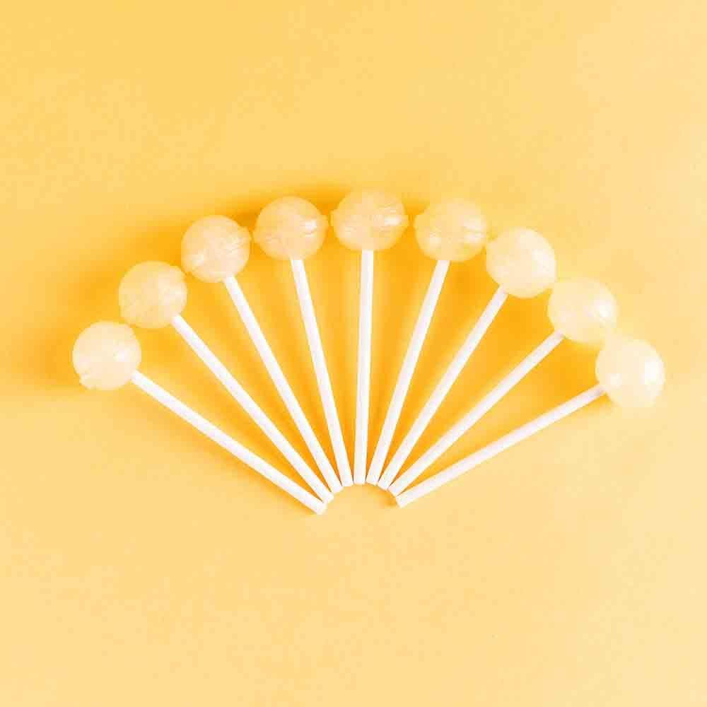 Close up view of the nostalgic birthday cake flavored gourmet suckers manufactured by Spangler Candy Company.