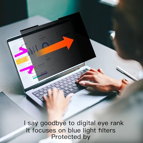 A fourteen inch business laptop with the anti spy screen guard installed inside a public cafe environment preventing visual data theft.