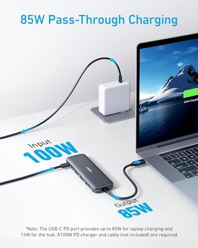 Anker USB-C to HDMI splitter displaying high-speed USB-A and USB-C data ports