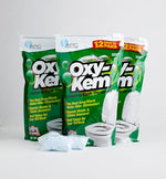 Diagram showing Oxy-Kem pods cleaning grey water sink and shower drains