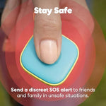 Vibrant colored electronic item tracker next to a smartphone showing app compatibility