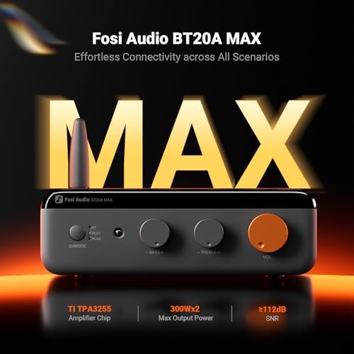 Fosi Audio BT20A MAX 2.1 home audio amplifier rear interface revealing dual RCA inputs, subwoofer output, and speaker terminals.