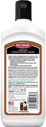 Weiman leather conditioning cream bottle showing clean condition protect instructions