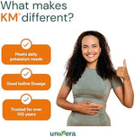 Close up view of the top cap and neck packaging of the premium imported Univera Km pH balance dietary tonic.