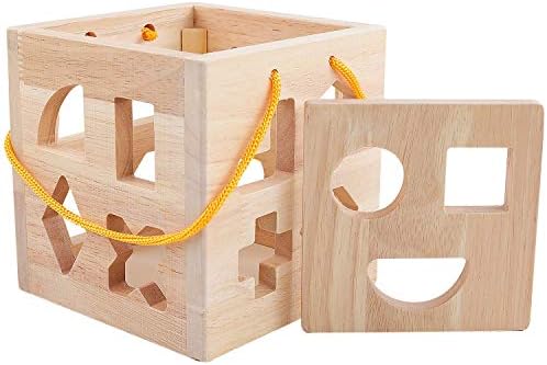 Fine motor skills development toy featuring natural wood box and bright geometric shapes for toddlers.