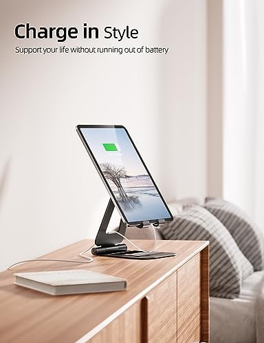 Nulaxy adjustable tablet holder side view showing dual rotating shafts mechanism
