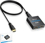 eSynic one in two out adapter top angle highlighting the durable premium black metal case construction