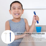 Close up view of the dual heads on the Supvox false teeth toothbrush showcasing multi-tufted and angled nylon bristles