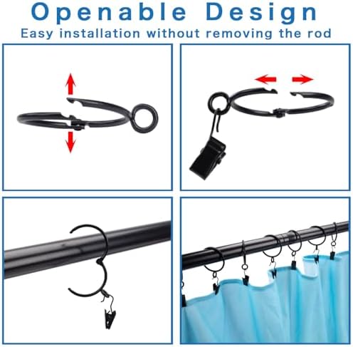 Matte black curtain rings hanging on a metal rod with pinch pleat hooks