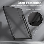 JETech black polyurethane leather tablet case back view showing magnetic stylus wireless charging alignment