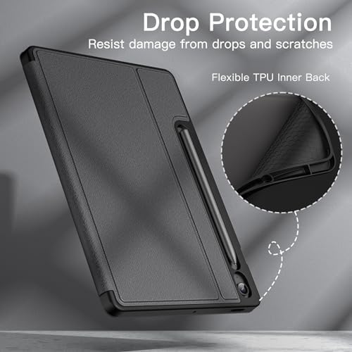 JETech black polyurethane leather tablet case back view showing magnetic stylus wireless charging alignment