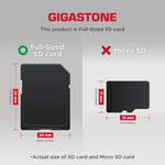 Gigastone 128GB SDXC memory card placed inside its included clear protective mini case