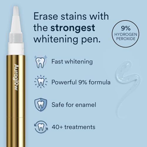 Auraglow teeth whitening pen alongside its outer commercial packaging highlighting the 40 plus treatments benefit.
