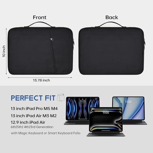 12.9-13 inch iPad Pro Case, Padded Travel Carrying Sleeve for iPad Pro 13-in M5 M4 & iPad Air 13-in M2 M3(2025) w/Magic Keyboard, Water-Resistant Shockproof iPad Soft Bag Cover Accessory Pocket -Black - Image 3