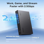 UGreen unmanaged desktop network hub angle view highlighting the LED activity lights and durable build quality