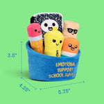 Educational gift idea featuring cute plush school supplies in basket.