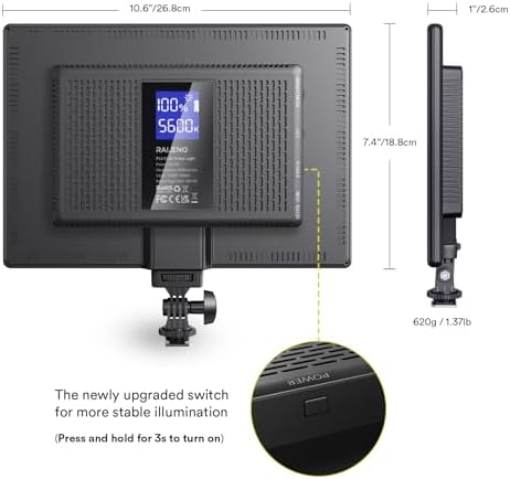 RaLeno portable LED panel light highlighting the 650Lux per meter uniform illumination for live streaming.