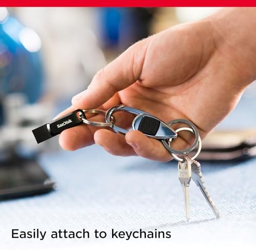 SanDisk mobile storage pen drive side view highlighting sleek lanyard hole