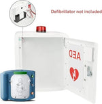 Close up of red flashing strobe light on top of AED emergency cabinet