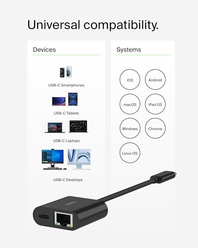 Compact Belkin USB-C to LAN connector with fast pass-through charging port for portable setups.