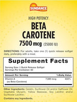 Sundance Beta Carotene 25000 IU dietary supplement packaging detailing non-GMO and gluten free certification