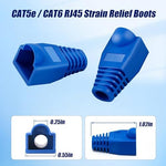 Bulk pack of blue network cable plug caps highlighting the flexible plastic build and snag free clip protector.