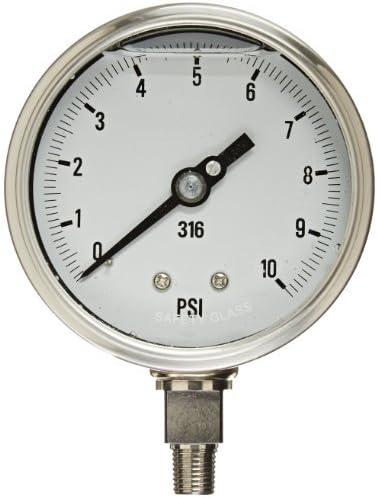 PIC Gauges 4001-4L-10PSI-GF Bottom Mount Glycerine Filled Process Pressure Gauge w/ SS Case/Internals/Removable Bezel, Glass Lens, 4" Dial, 0-10 psi Range, 1/4" Male NPT - Image 1