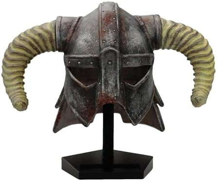 Fanattik limited edition Skyrim iron helmet replica displayed securely on its official black logo stand.