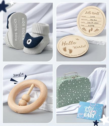 Golray baby boy shower hamper contents displayed flat including socks bib and milestone cards