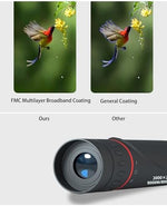 Waterproof handheld mini monocular scope showcasing the multi-coated objective lens element.