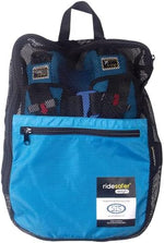 Close up of the secure lap belt repositioning guides on the blue extra small travel vest