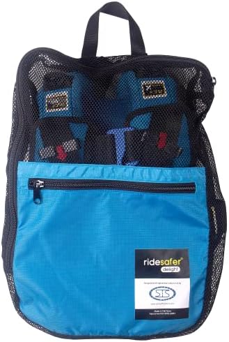 Close up of the secure lap belt repositioning guides on the blue extra small travel vest