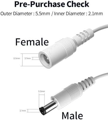 Tonton 12V adapter cord showing close up of the 5.5mm x 2.1mm male and female barrel connectors.