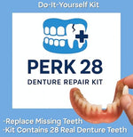 Detailed view of the 28 piece denture tooth set for temporary prosthetic replacement.