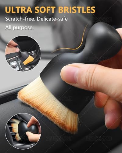 Close-up of the ultra-soft curved bristle brush cleaning a car dashboard without scratching.