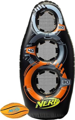 Nerf mini foam football included with the black orange and gray target game.