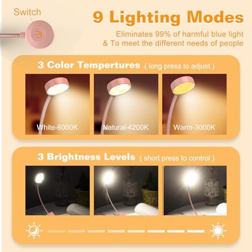 Close up view of the 360 degree flexible gooseneck and premium page safe clip on the KTEBO reading light