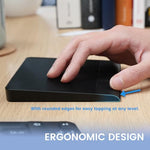 Perixx high precision computer trackpad top view highlighting the symmetrical ambidextrous design suitable for both left and right-handed users.