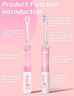 Child holding SEAGO pink electric toothbrush showing ergonomic silicone grip.