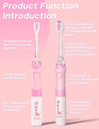Child holding SEAGO pink electric toothbrush showing ergonomic silicone grip.