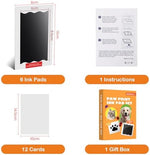 Six black inkless stamp pads and twelve white imprint cards arranged neatly