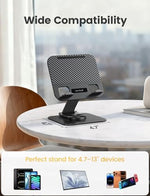 Lamicall aluminum alloy tablet stand holding a smartphone securely inside a thick protective case