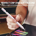 Ergonomic non-slip tech accessory sleeve for digital stylus being installed on a pencil
