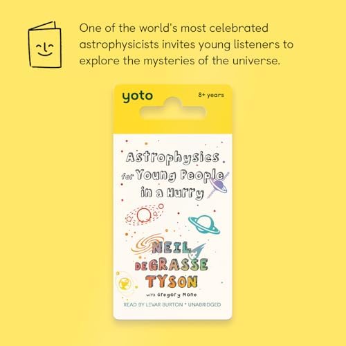 Close up of the physical interactive audio card highlighting author Neil deGrasse Tyson and narrator LeVar Burton names.