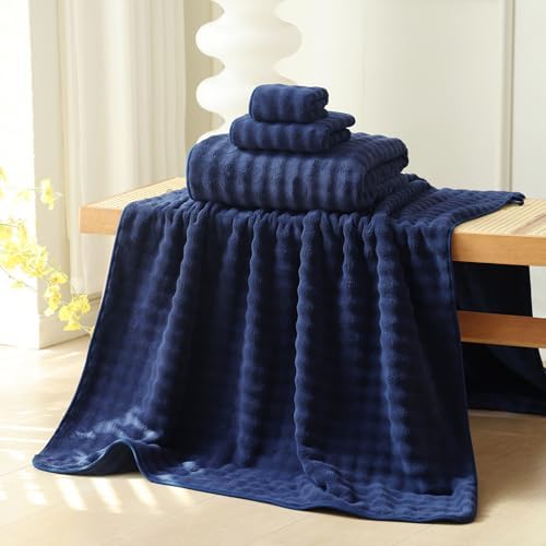 Microfiber towel set in bathroom setting for home use