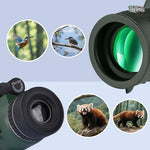 Generic waterproof outdoor telescope being held in one hand demonstrating compact travel dimensions.