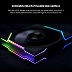 Close up look at the dual zone addressable RGB illumination on the black Lian Li TL wireless fan.